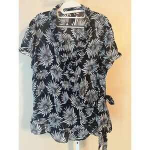 Women Black & White Sheer Floral Wrap Blouse 1X Wrap Tie Shirt Slimming